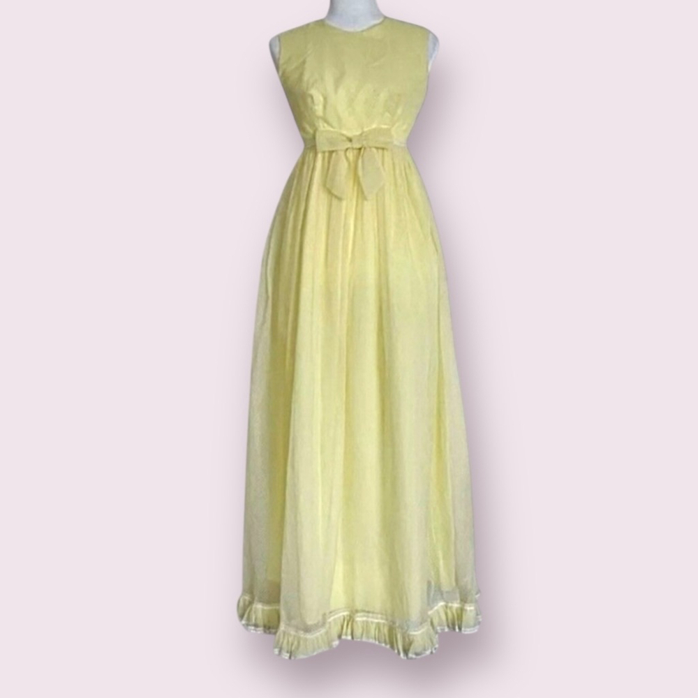 Vintage 60s Yellow Swiss Dot Chiffon Maxi Dress Small
